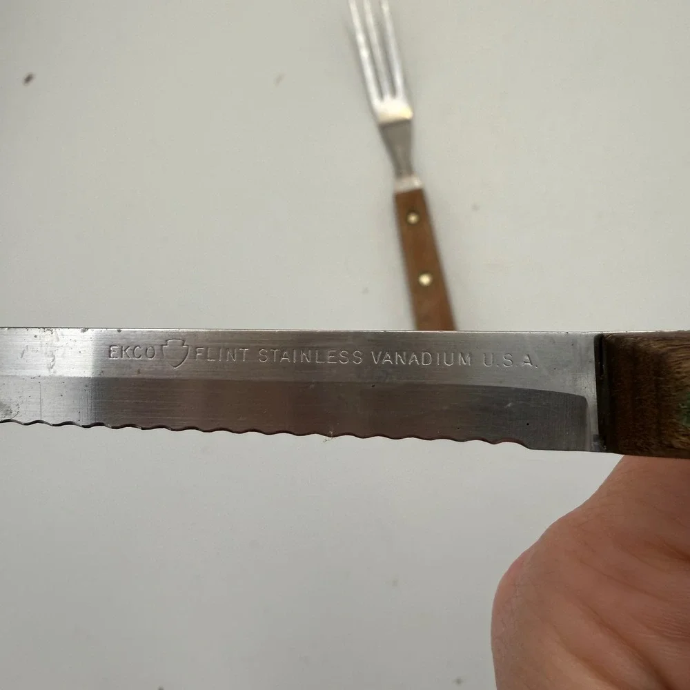 Vintage Ekco Flint Stainless Vanadium Knife and Meat Granny Fork Wood Handle USA